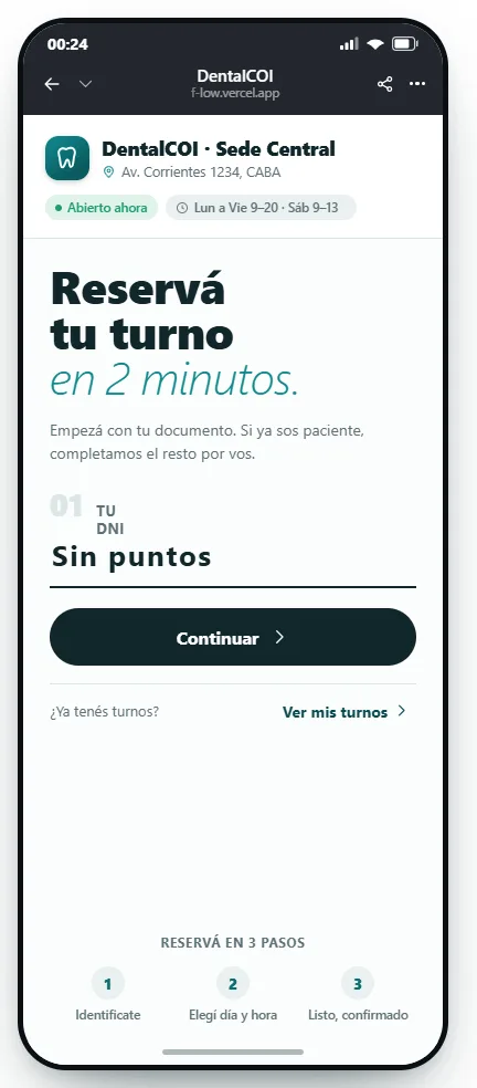 Pantalla de reserva de turno del paciente en DentalFLOW